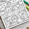 A black and white line drawing of cartoon characters for a coloring book page.