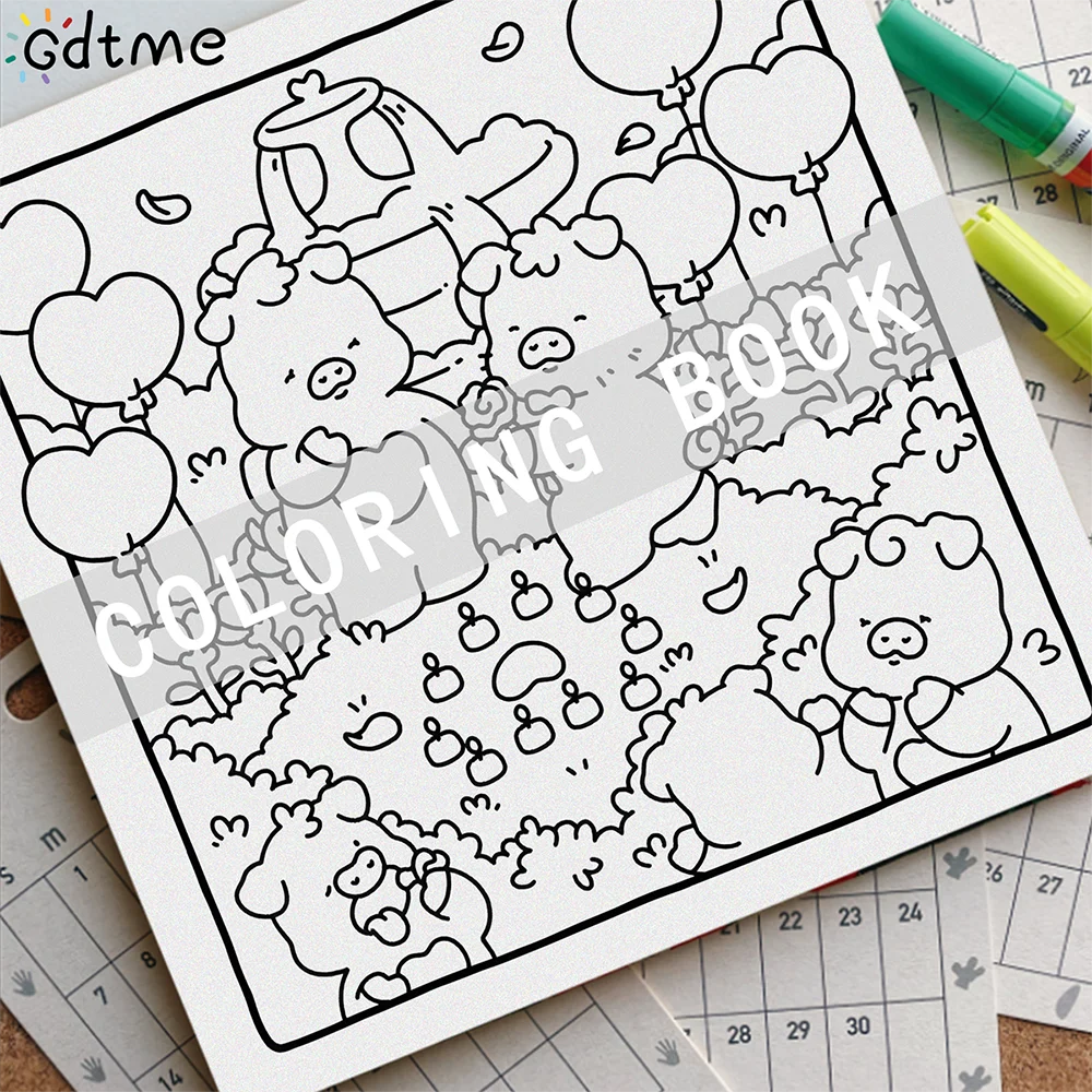 A black and white line drawing of cartoon characters for a coloring book page.