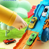 A bright blue dinosaur transport truck toy set featuring various die-cast cars on an orange track.