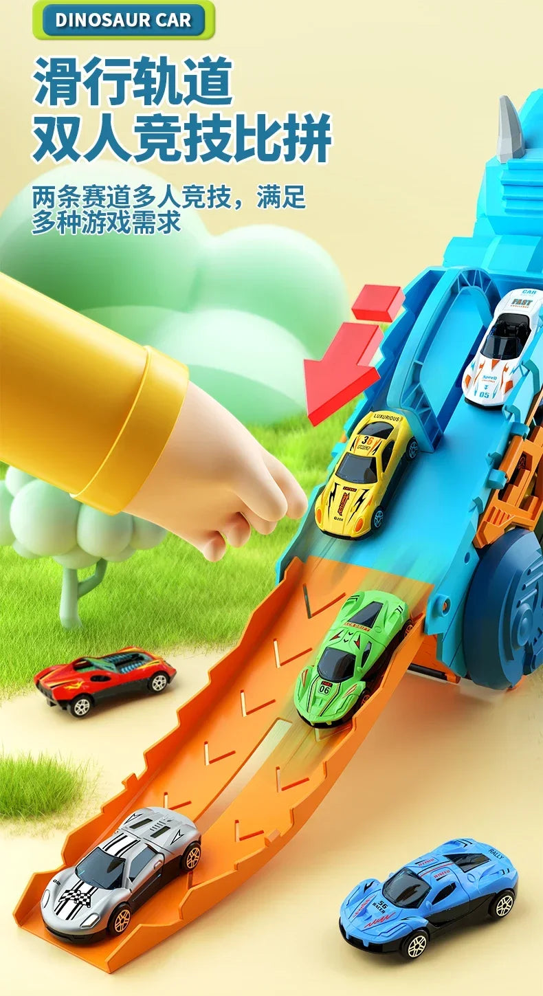 A bright blue dinosaur transport truck toy set featuring various die-cast cars on an orange track.
