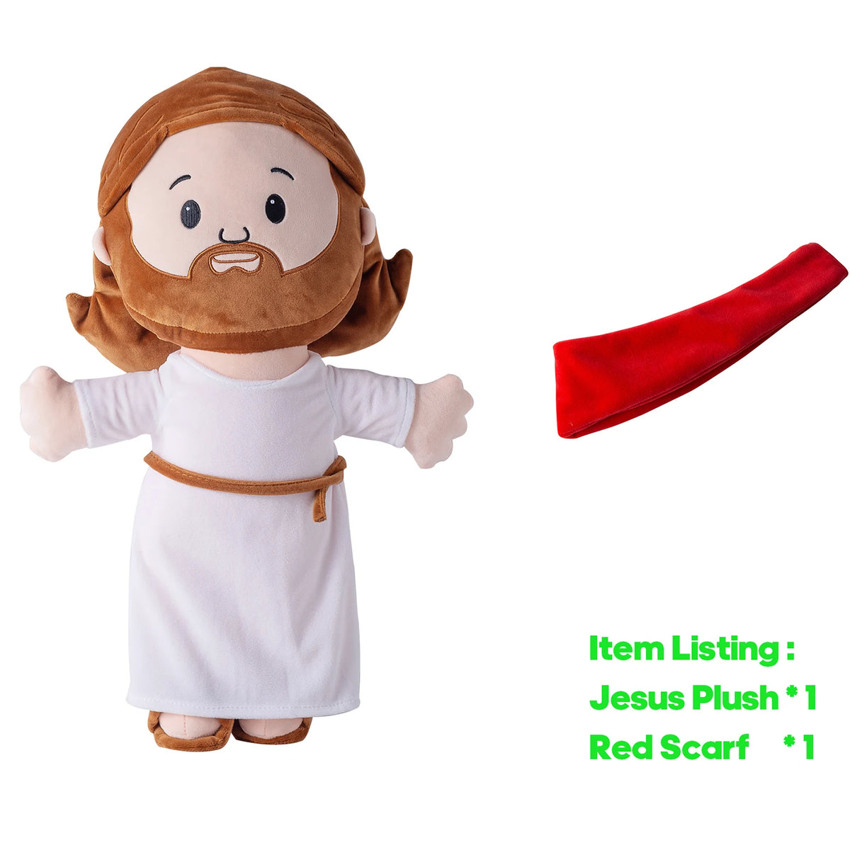 A plush toy of Jesus with a beard and brown hair next to a red scarf.