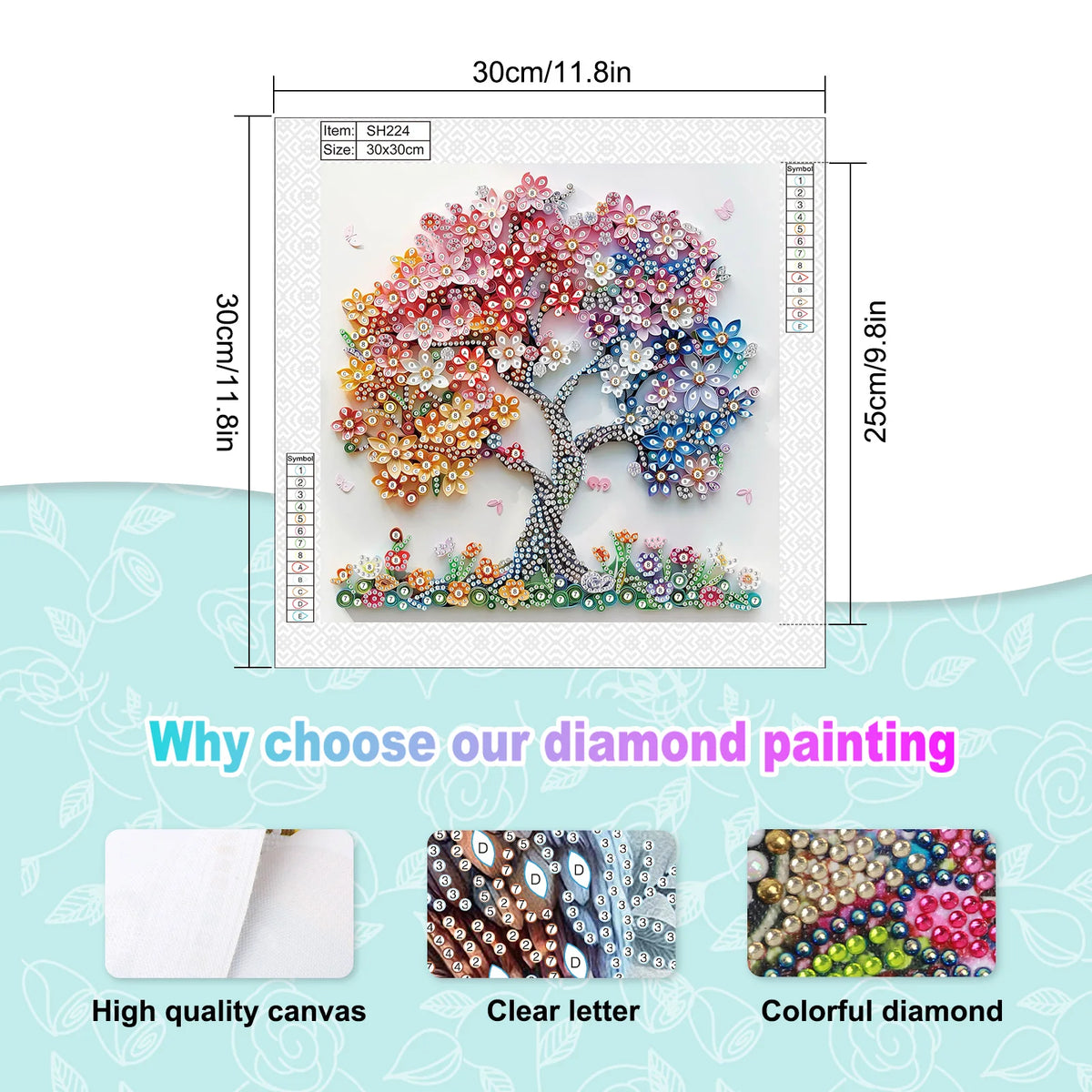 Diamond painting kit featuring a colorful tree design on canvas with clear letters and colorful diamonds