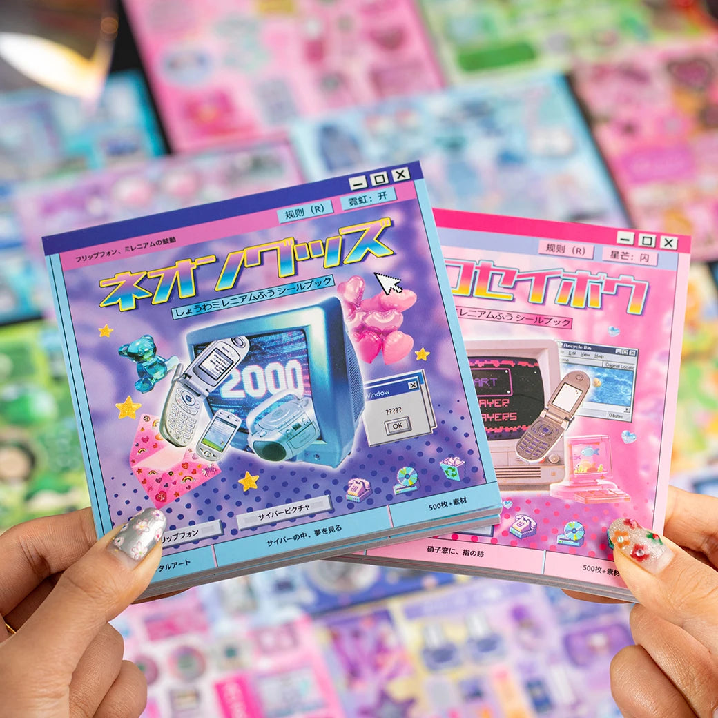 A hand holds a pack of Kawaii Cyber Illusion & Vintage Starlight Die-Cut Stickers featuring various electronic and cute theme