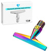 A silver metal drill tip for diamond painting, shown next to a finished gold and blue resin painting.