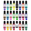 A collection of 24 alcohol ink pigments in various colors arranged in small glass vials.