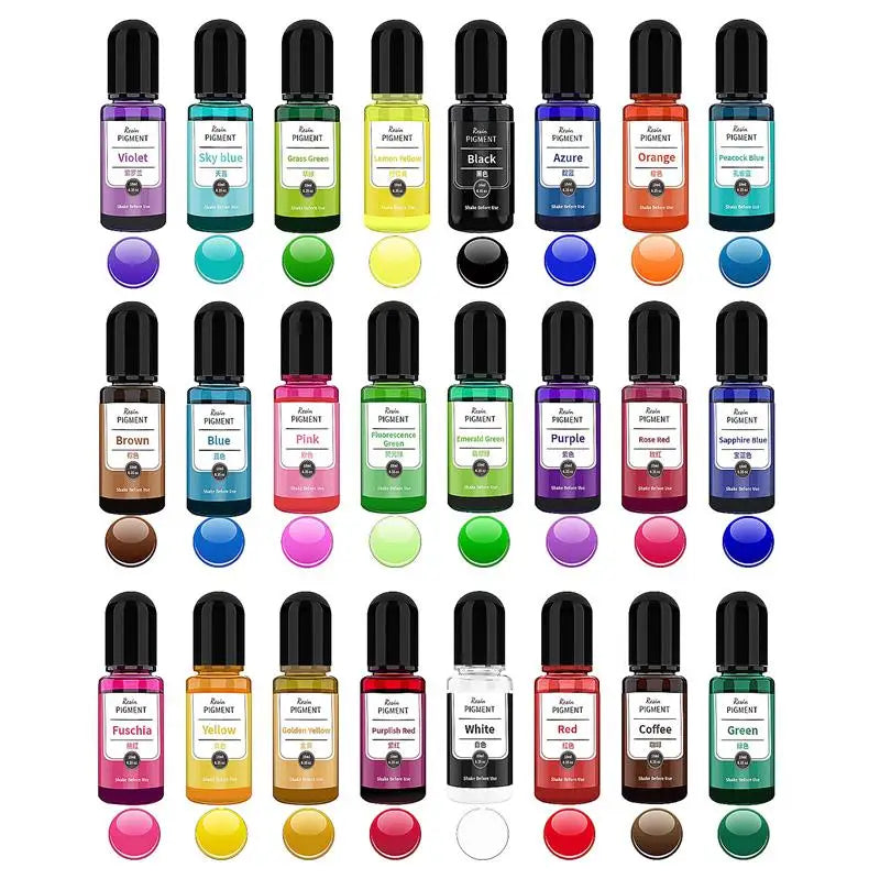 A collection of 24 alcohol ink pigments in various colors arranged in small glass vials.