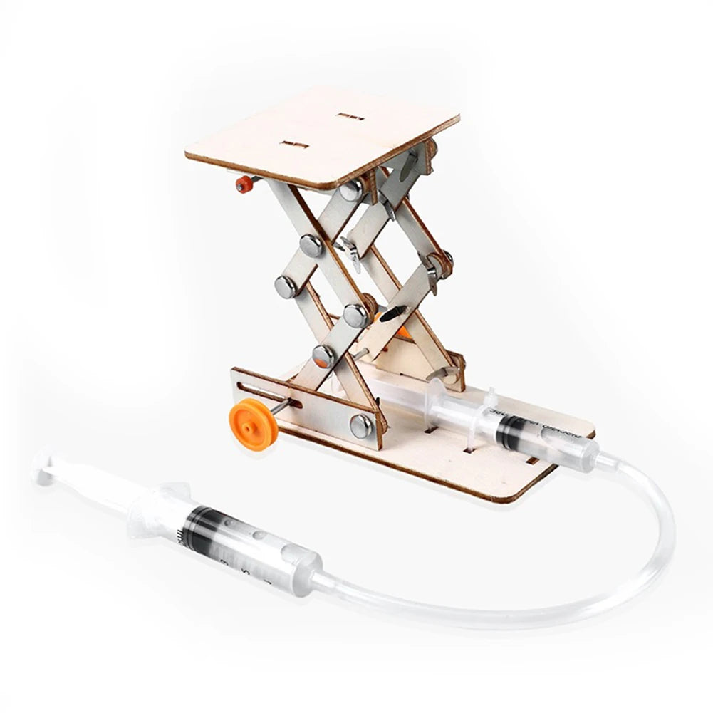 A wooden paddle boat kit with a wooden paddle and clear tubing mounted on a metal stand.