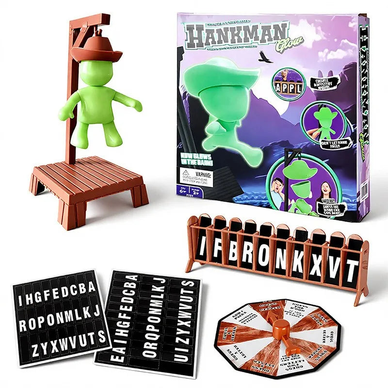 A set of cowboy magnetic hangman board game components including a wooden stand, a green figure, and magnetic pieces.