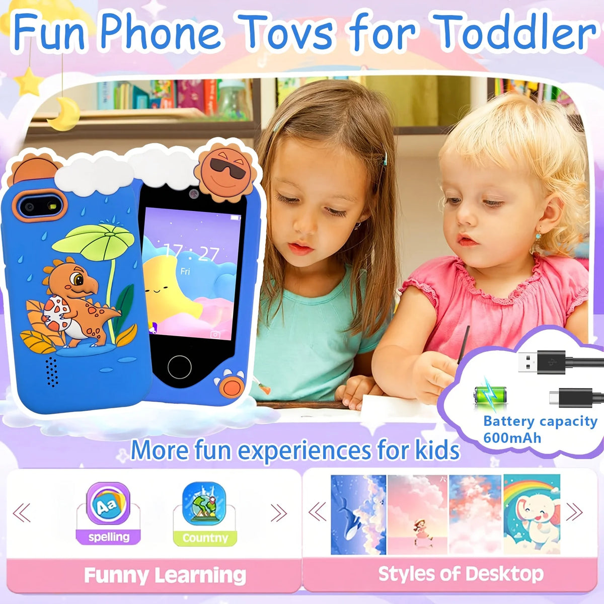 Kids' Smart Phone Toy with Dual Camera and 28 Learning Games