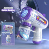 A purple and white automatic bubble machine gun is shown spraying bubbles against a dark background.