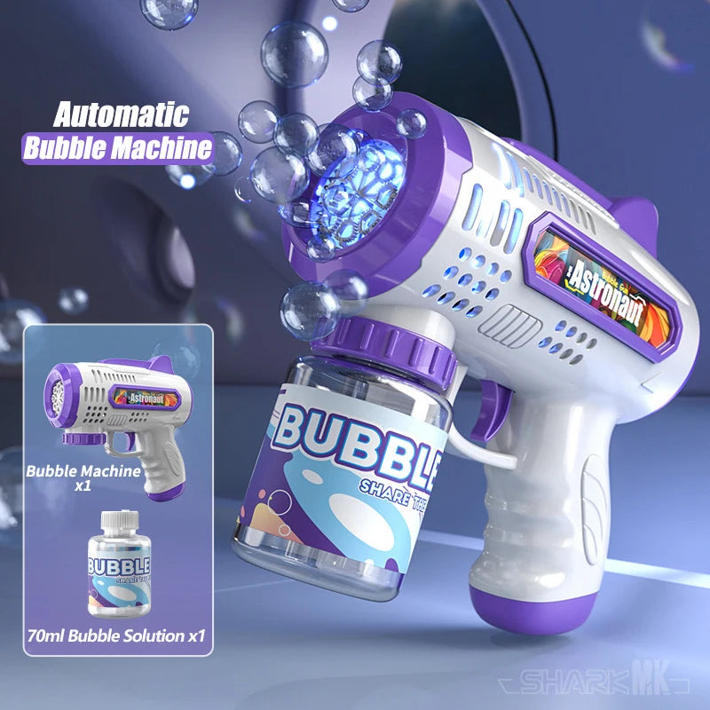 A purple and white automatic bubble machine gun is shown spraying bubbles against a dark background.