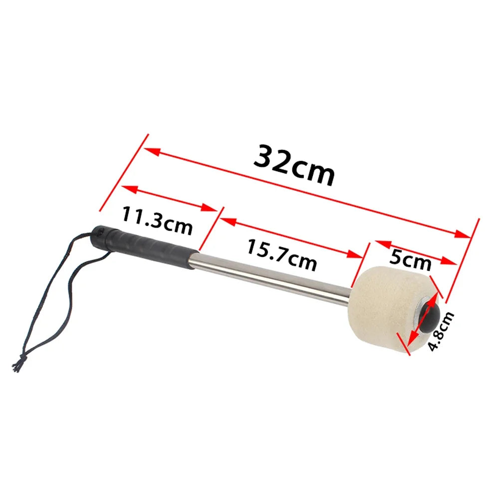 A professional wool felt bass drum mallet with a non-slip handle and various measurements shown.