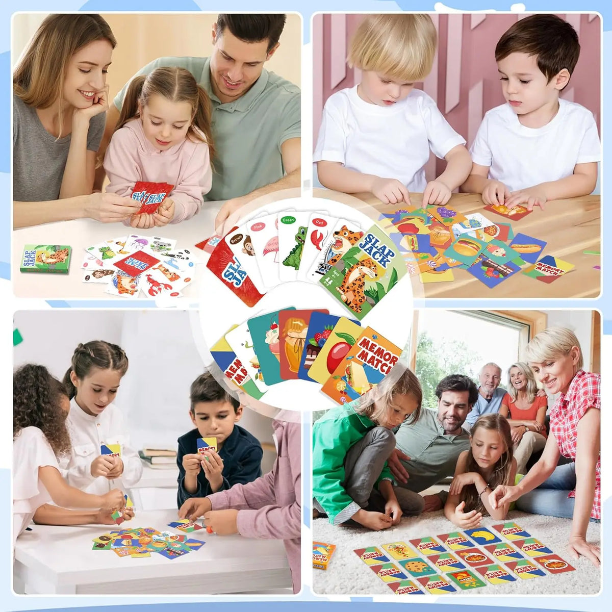 A family playing an Animal & Nature Card Game for Kids, featuring colorful cards and board game components.
