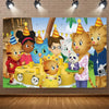 A colorful cartoon tiger party backdrop featuring several cute animal characters celebrating.