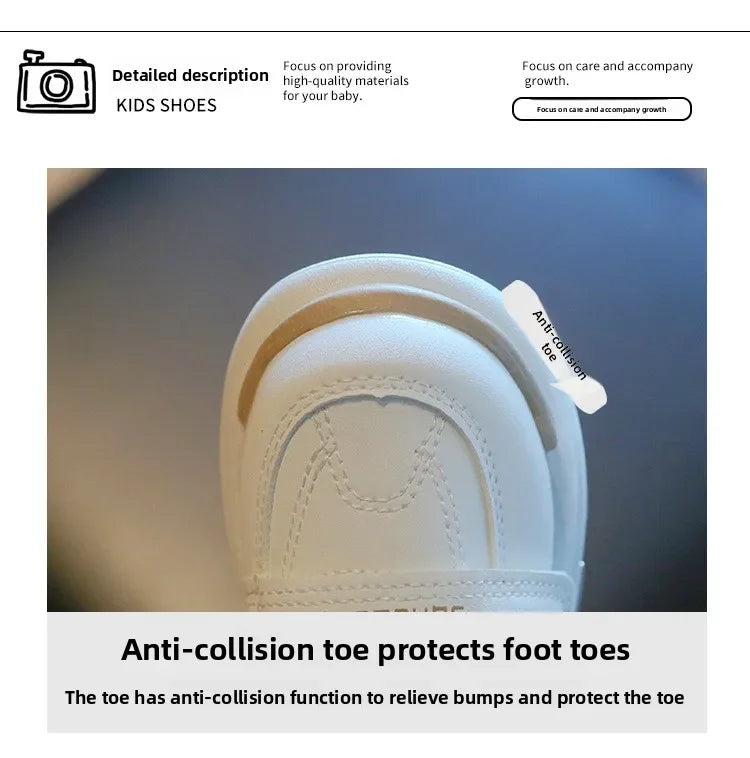 Close-up of a white kid's shoe showing the anti-collision toe protection feature.