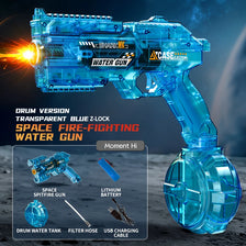 A transparent blue Z-lock drum version water gun with a lithium battery and filter hose