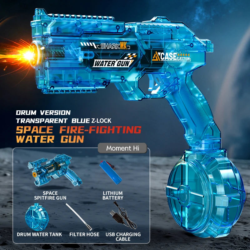 A transparent blue Z-lock drum version water gun with a lithium battery and filter hose