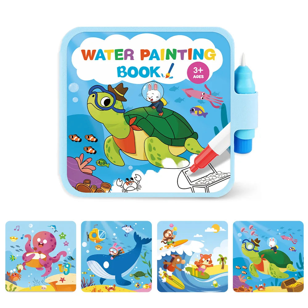 A colorful water painting book for kids featuring illustrations of sea creatures and animals.