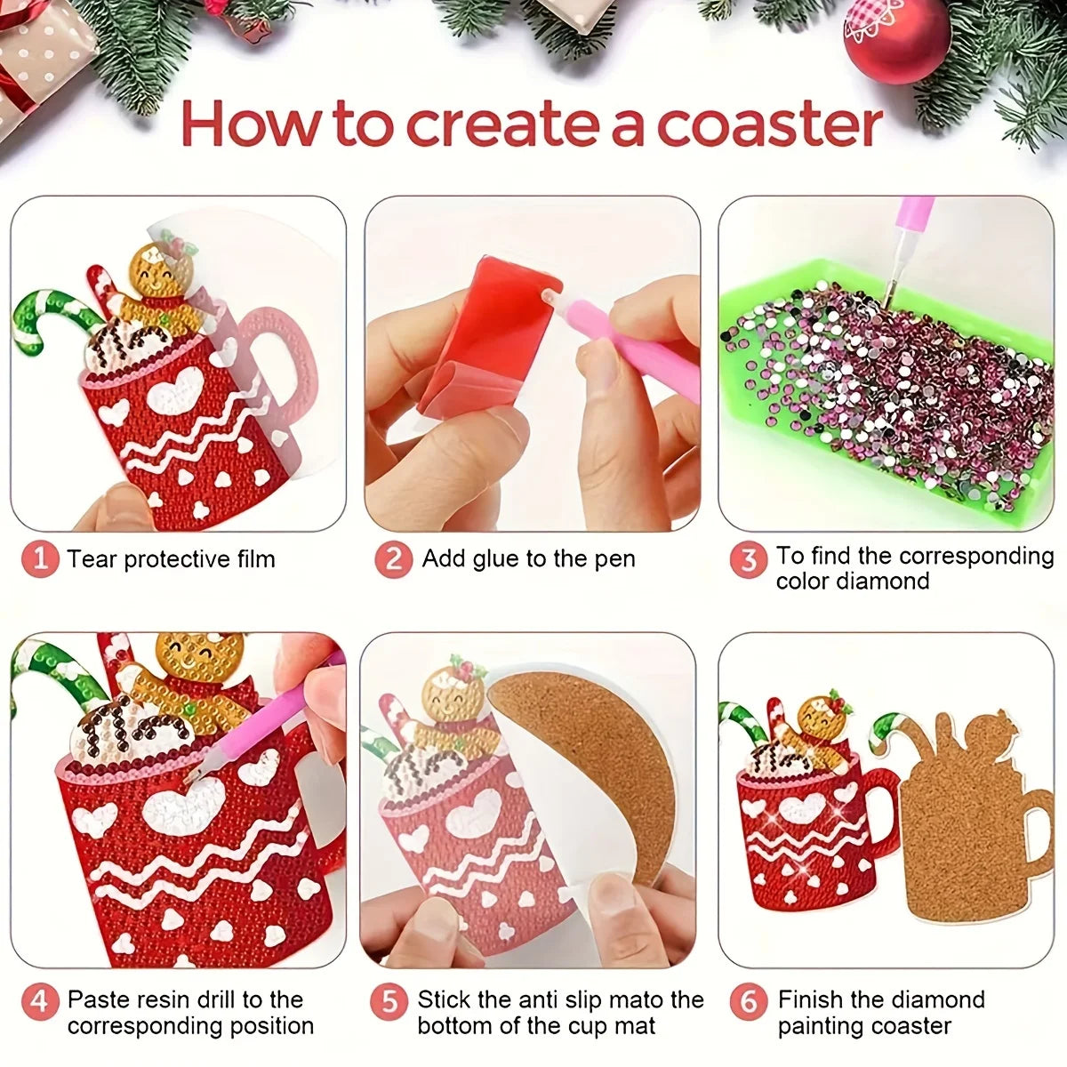 DIY Christmas Diamond-Painted Wooden Coasters (Set of 8)