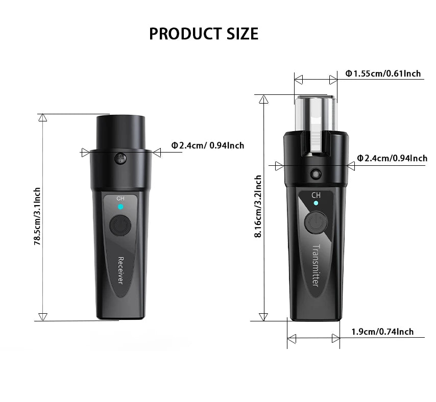 A black 2.4GHz wireless microphone system showing the transmitter and receiver units with dimensions.