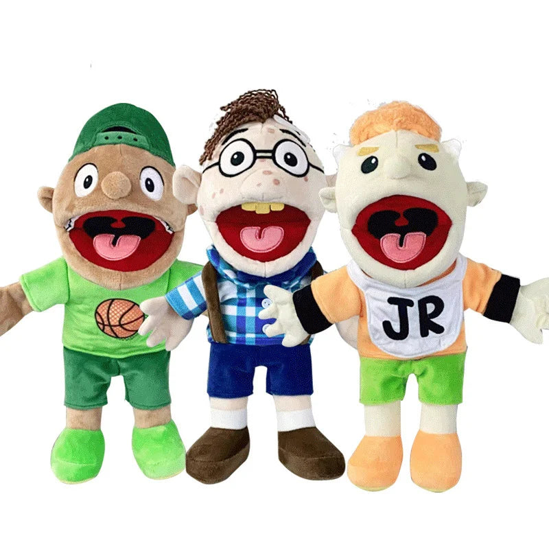 Three plush hand puppets resembling sports figures with diverse skin tones and athletic attire