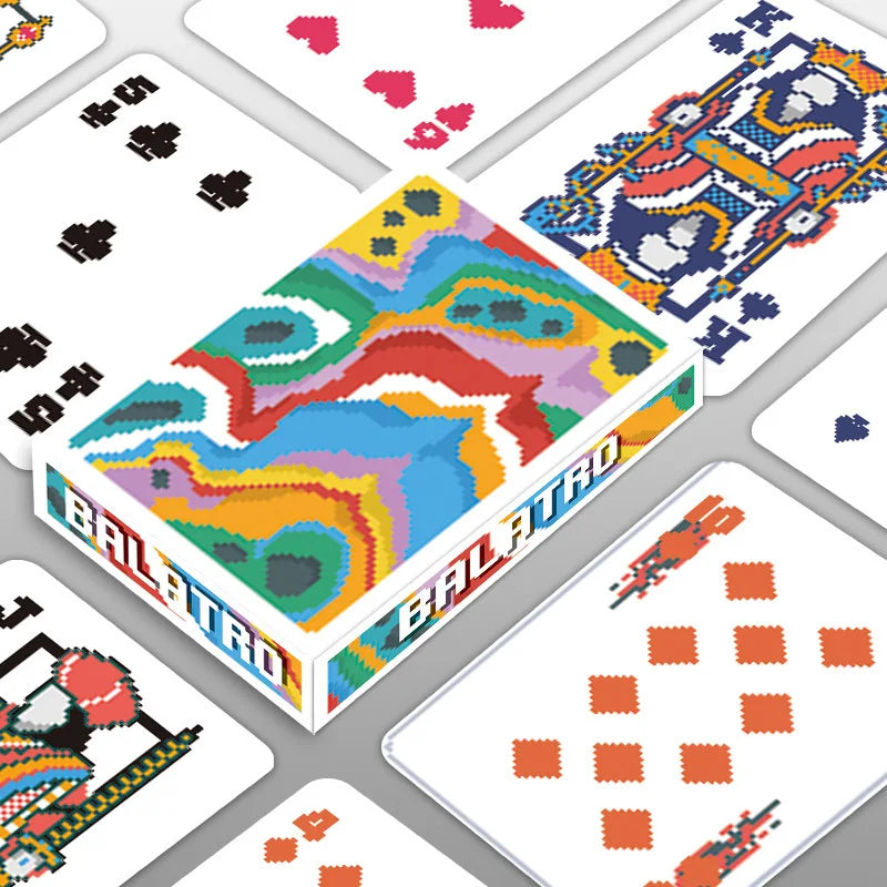 A box of classic joker poker playing cards featuring colorful, patterned designs.