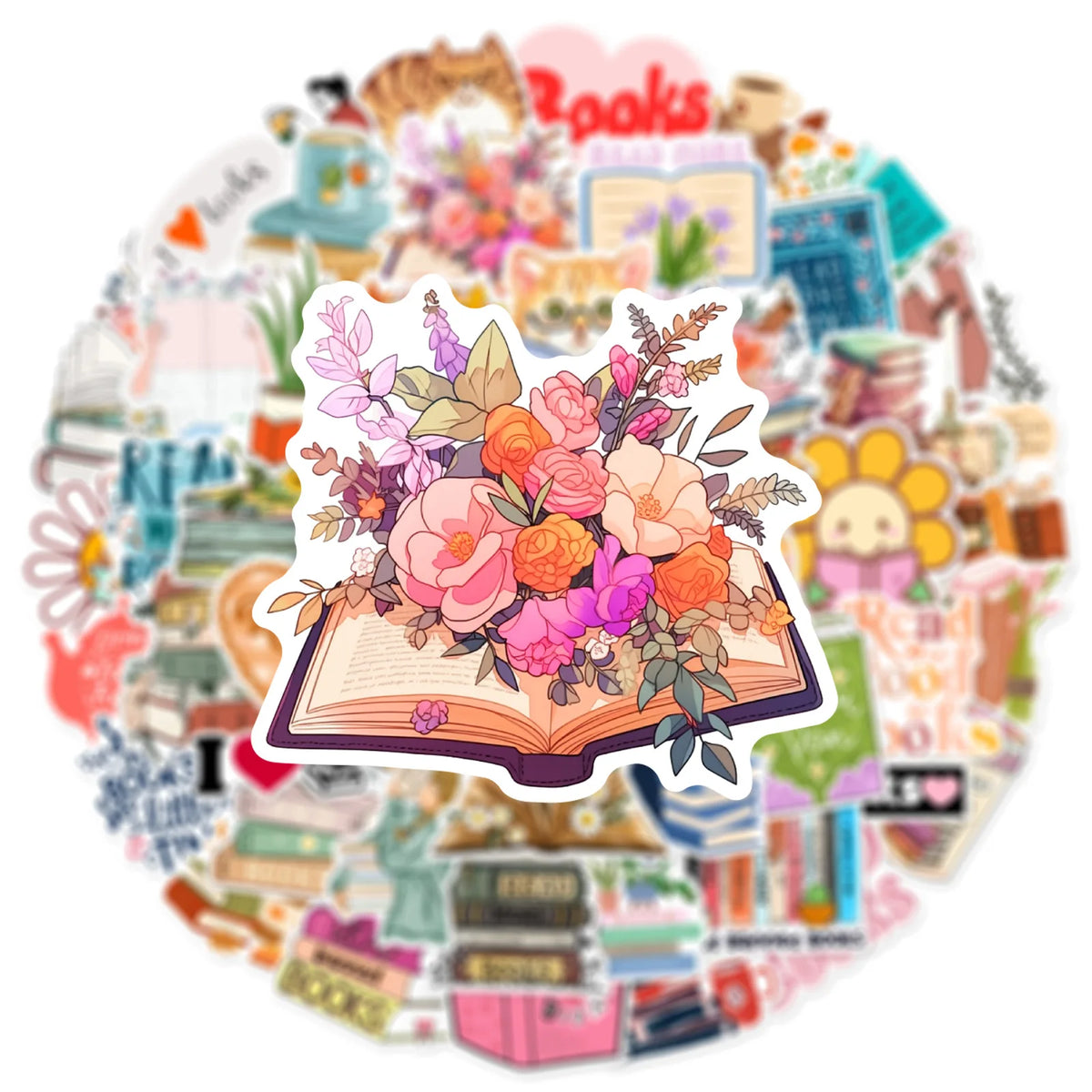 A circular arrangement of various bookish romance themed stickers and elements for journaling and scrapbooking