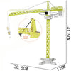 A yellow diecast construction crane model toy set with a long vertical mast and a horizontal jib, shown in a side view.