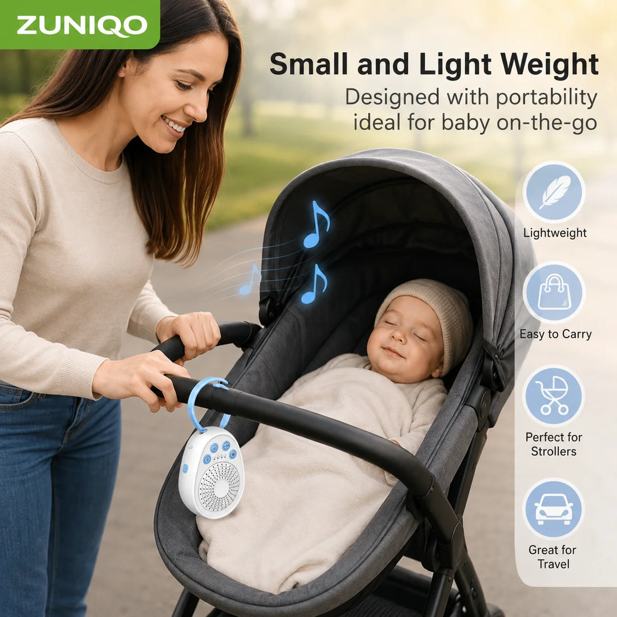 A woman is using a portable white noise machine for a baby in a stroller, highlighting its light weight and portability.