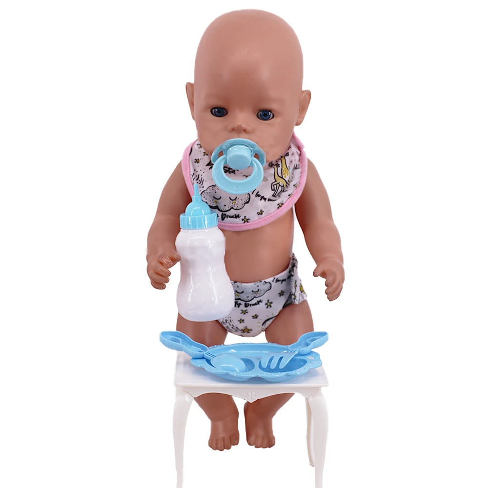 A baby doll with a pink feeding accessory set including a bottle and plate.