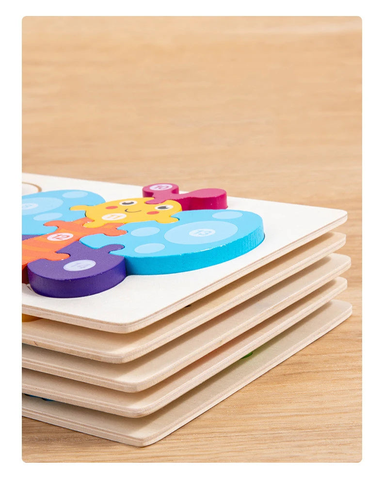 A wooden life cycle learning puzzle for toddlers featuring colorful, interlocking pieces stacked on a light wooden surface.