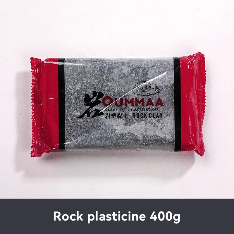A red plastic bag of Rock plasticine 400g with black text and a gray stone effect.