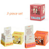 A set of three Tales conversation starter card games in pink and orange boxes.