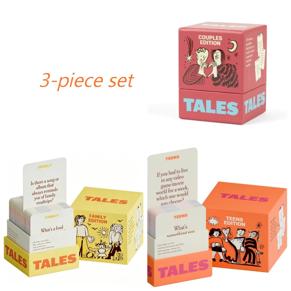 A set of three Tales conversation starter card games in pink and orange boxes.