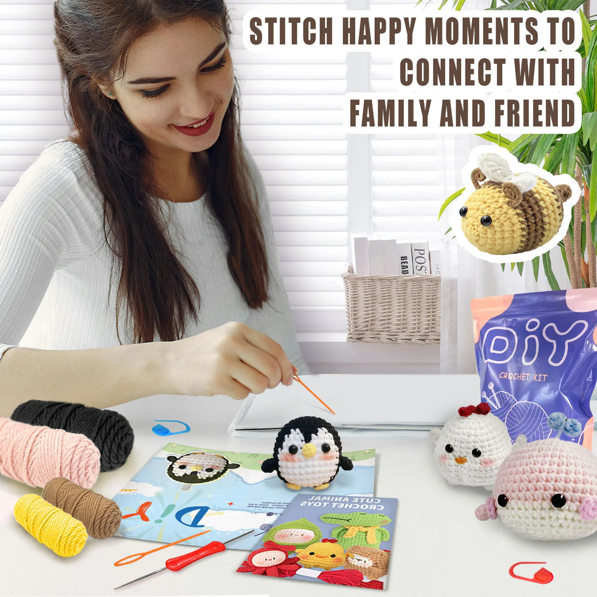 Beginner Crochet Kit – 4 Adorable Animal Projects (Whale, Chick, Penguin, Bee)