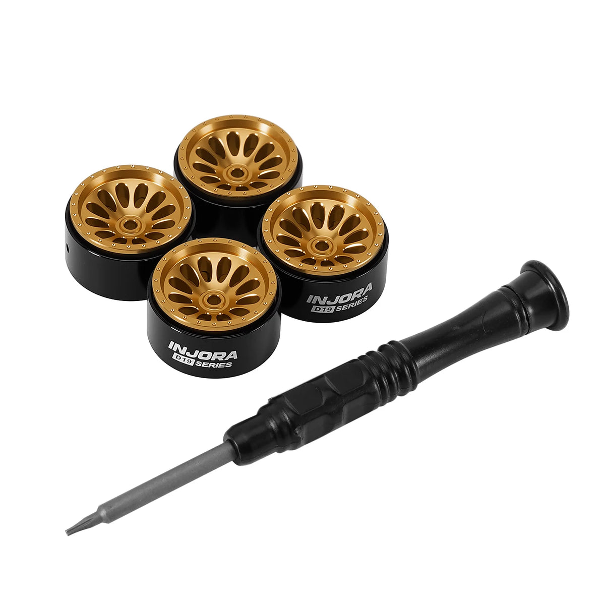 Set of three gold aluminum beadlock wheels and a black tool for 1/30 Axial SCX30