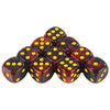 A set of ten colorful gold standard dice with yellow dots arranged in a pyramid shape.