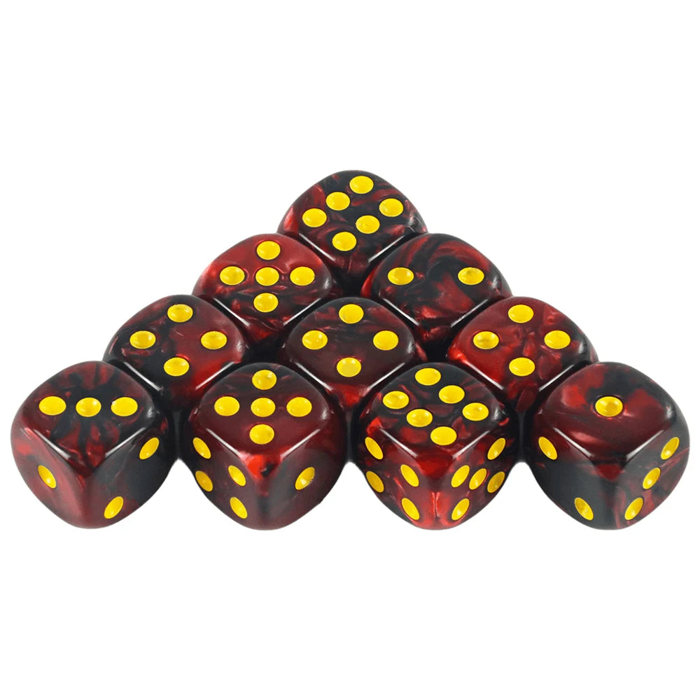 A set of ten colorful gold standard dice with yellow dots arranged in a pyramid shape.