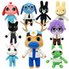A collection of various animal plush toys including a pink elephant, blue dog, black cat, and several other stuffed animals.