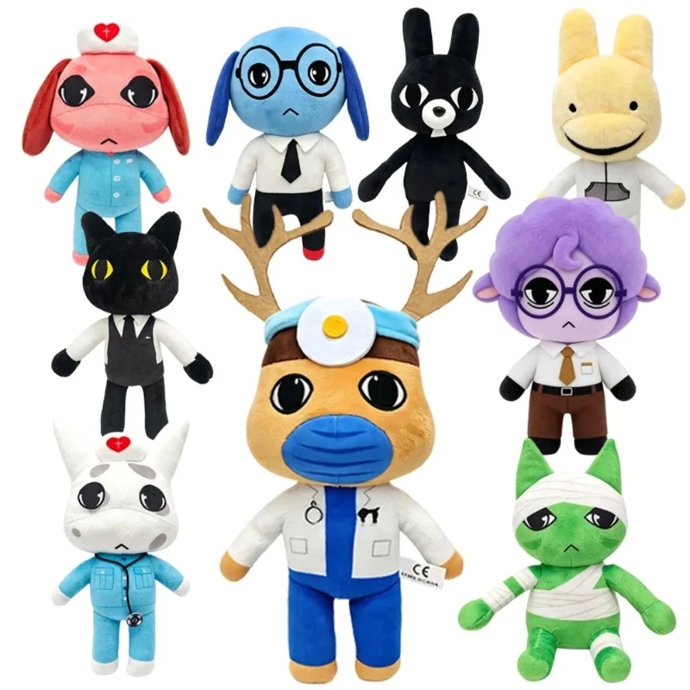 A collection of various animal plush toys including a pink elephant, blue dog, black cat, and several other stuffed animals.
