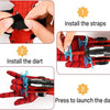 Step-by-step instructions showing how to install straps, a dart, and press to launch the dart from a red superhero glove set.