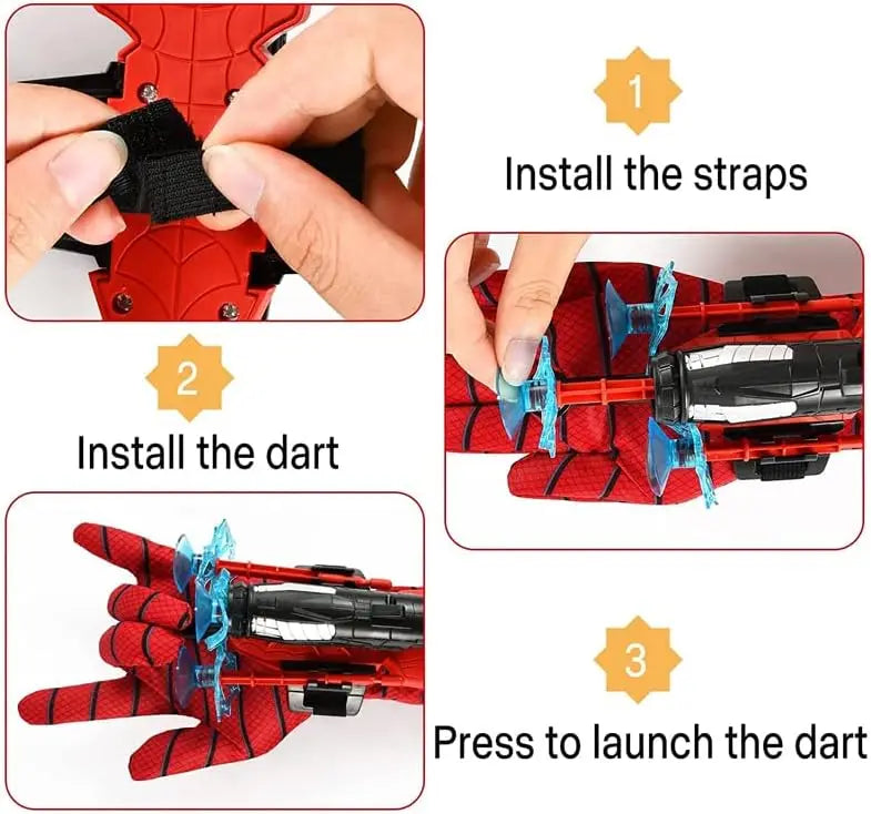 Step-by-step instructions showing how to install straps, a dart, and press to launch the dart from a red superhero glove set.