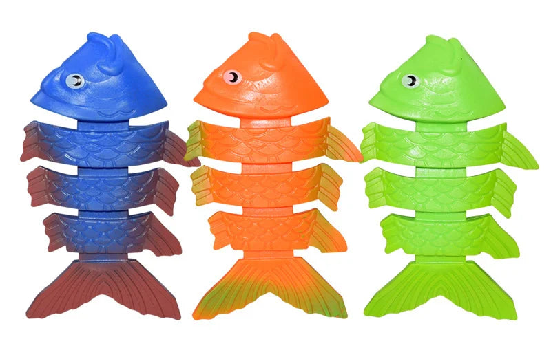 A set of three brightly colored shark rocket pool diving toys in blue, orange, and green.
