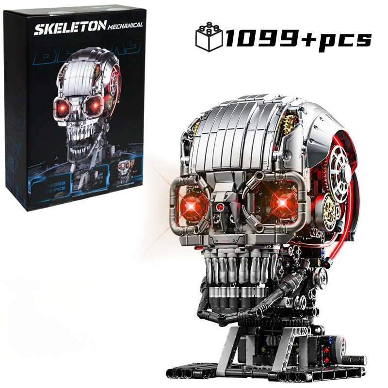 A detailed mechanical skeleton head building kit with LED lights, showing the assembled figure and packaging.