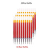 A set of 30 red retractable gel pen refills displayed in a row.