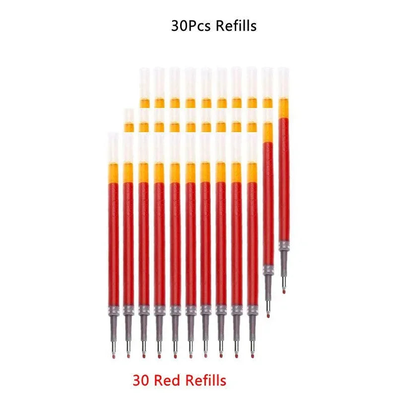 A set of 30 red retractable gel pen refills displayed in a row.