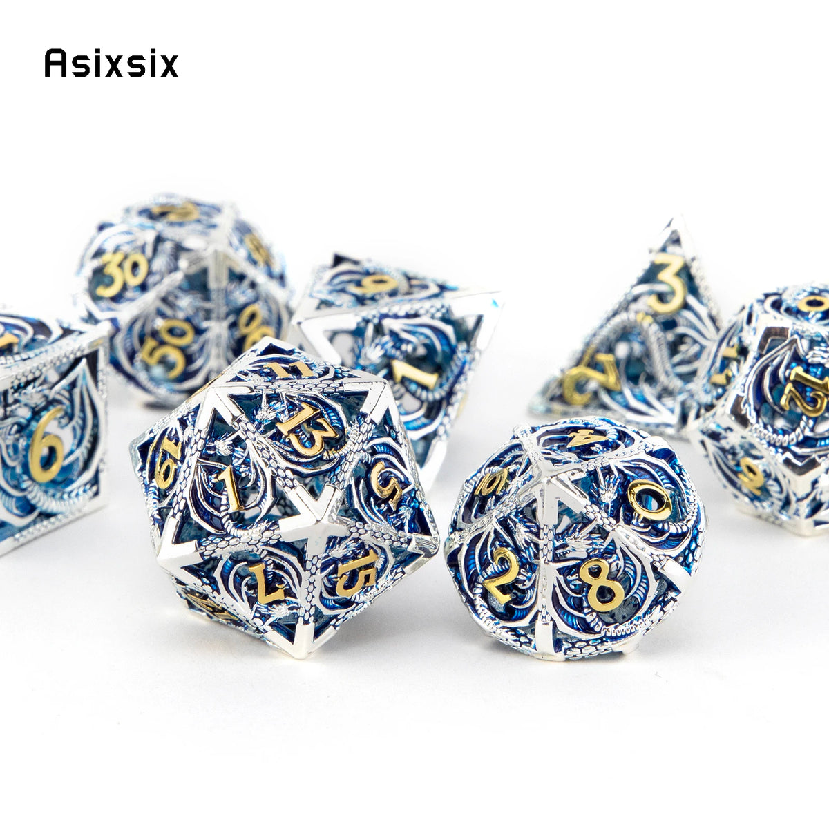 Hollow Metal Polyhedral Dice Set with Blue Dragon Design