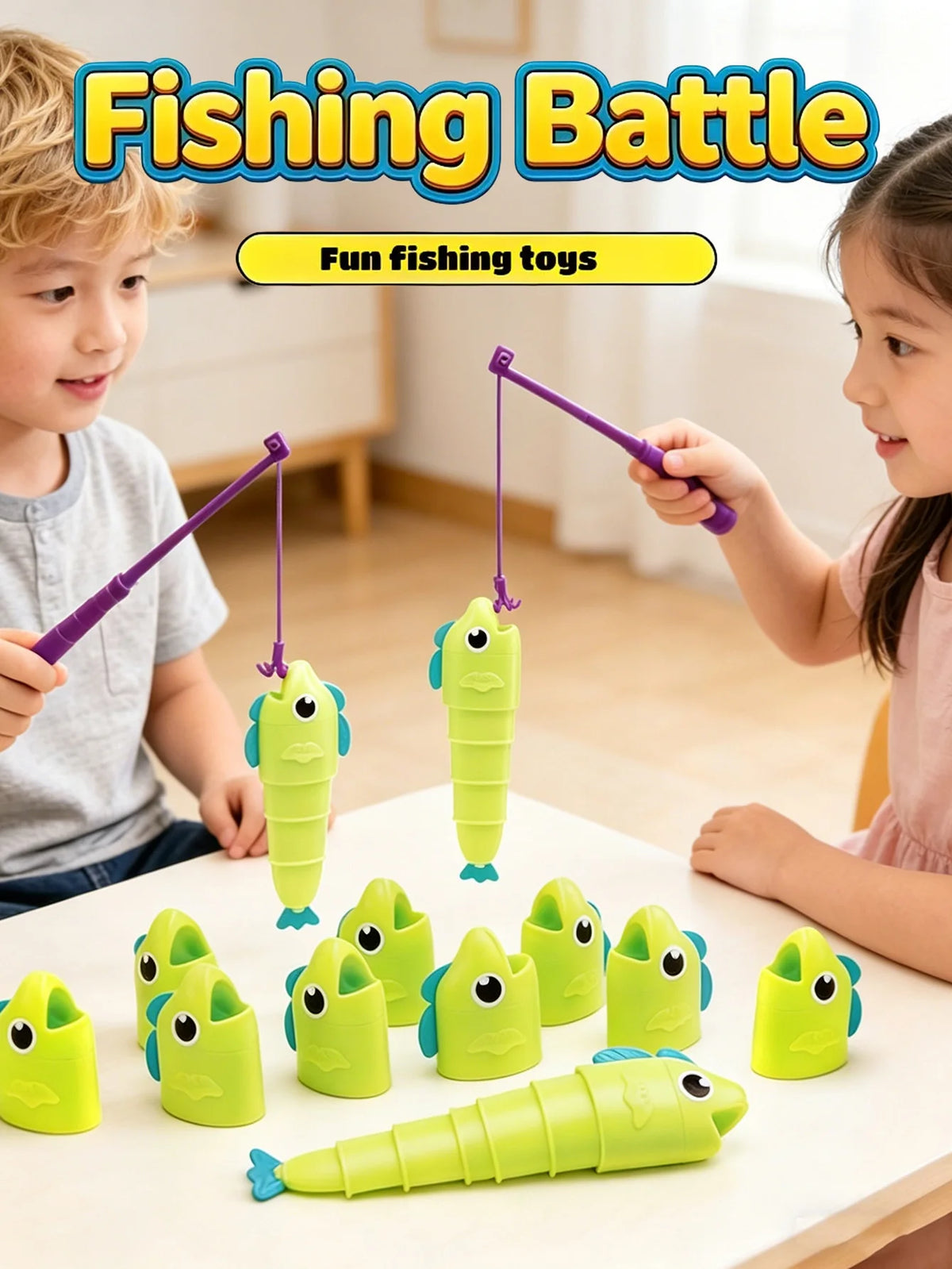 Two children play a fishing battle game with colorful plastic fish toys on a white table.