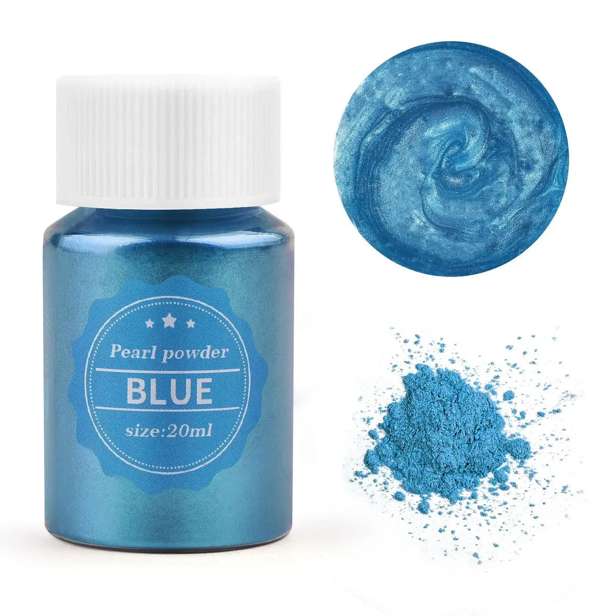 A glass jar of blue pearl powder with a swirling texture and a separate pile of the same blue powder.