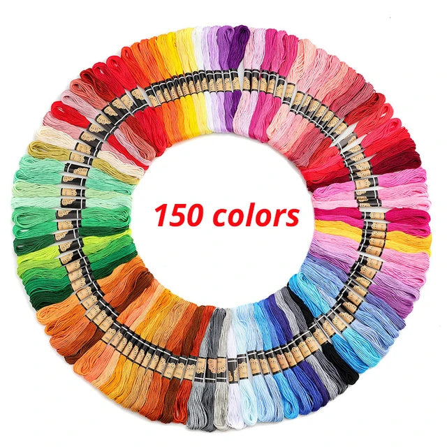 A circular display of 150 colors of multicolor embroidery thread skeins for cross stitch and sewing